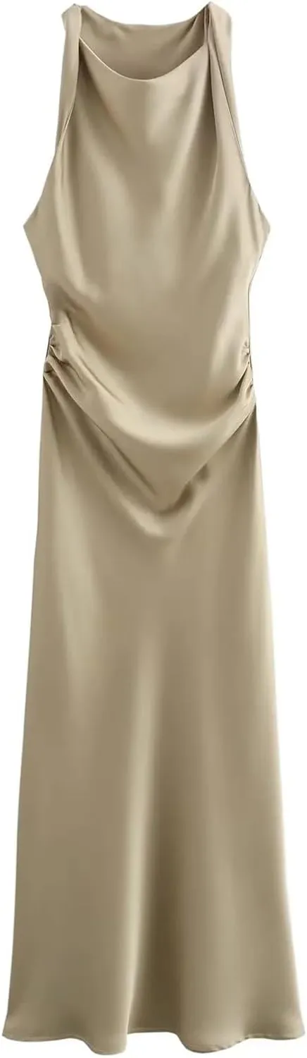2024 Women's Long Formal Satin Dress Crew Neck Sleeveless Pleated Waist Maxi Dress Elegant Cocktail Party Dress