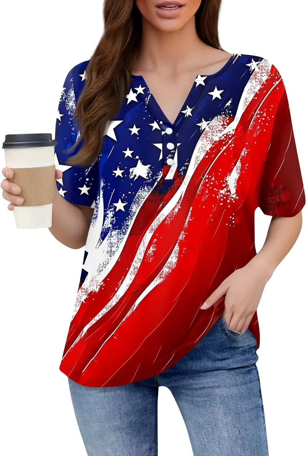 4th of July Tops for Women 2025 Patriotic Flag Print Summer Short Sleeve Tshirts Button Up V Neck Blouses