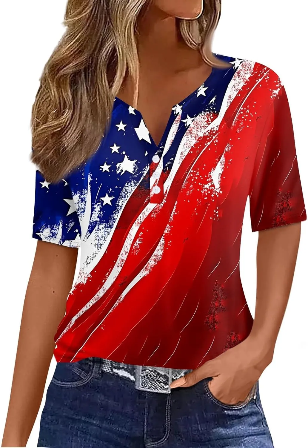 4th of July Tops for Women 2025 Patriotic Flag Print Summer Short Sleeve Tshirts Button Up V Neck Blouses