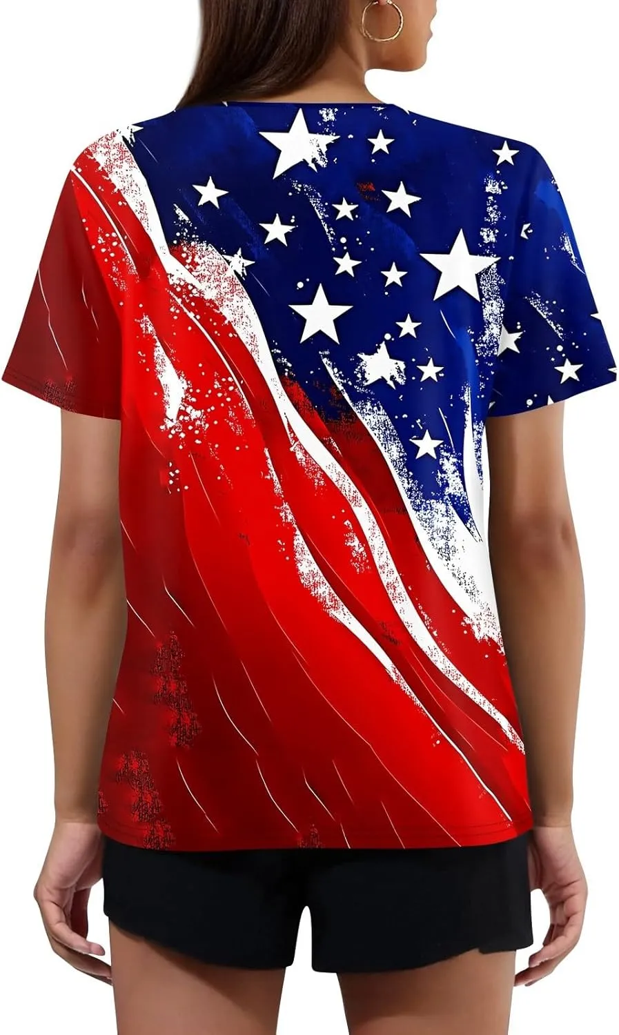 4th of July Tops for Women 2025 Patriotic Flag Print Summer Short Sleeve Tshirts Button Up V Neck Blouses