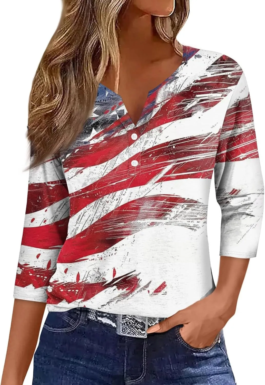 4th of July Tops for Women 2025 Patriotic Sparkly Star Summer 3/4 Sleeve Tshirts Flag Graphic Print V Neck Casual Blouses