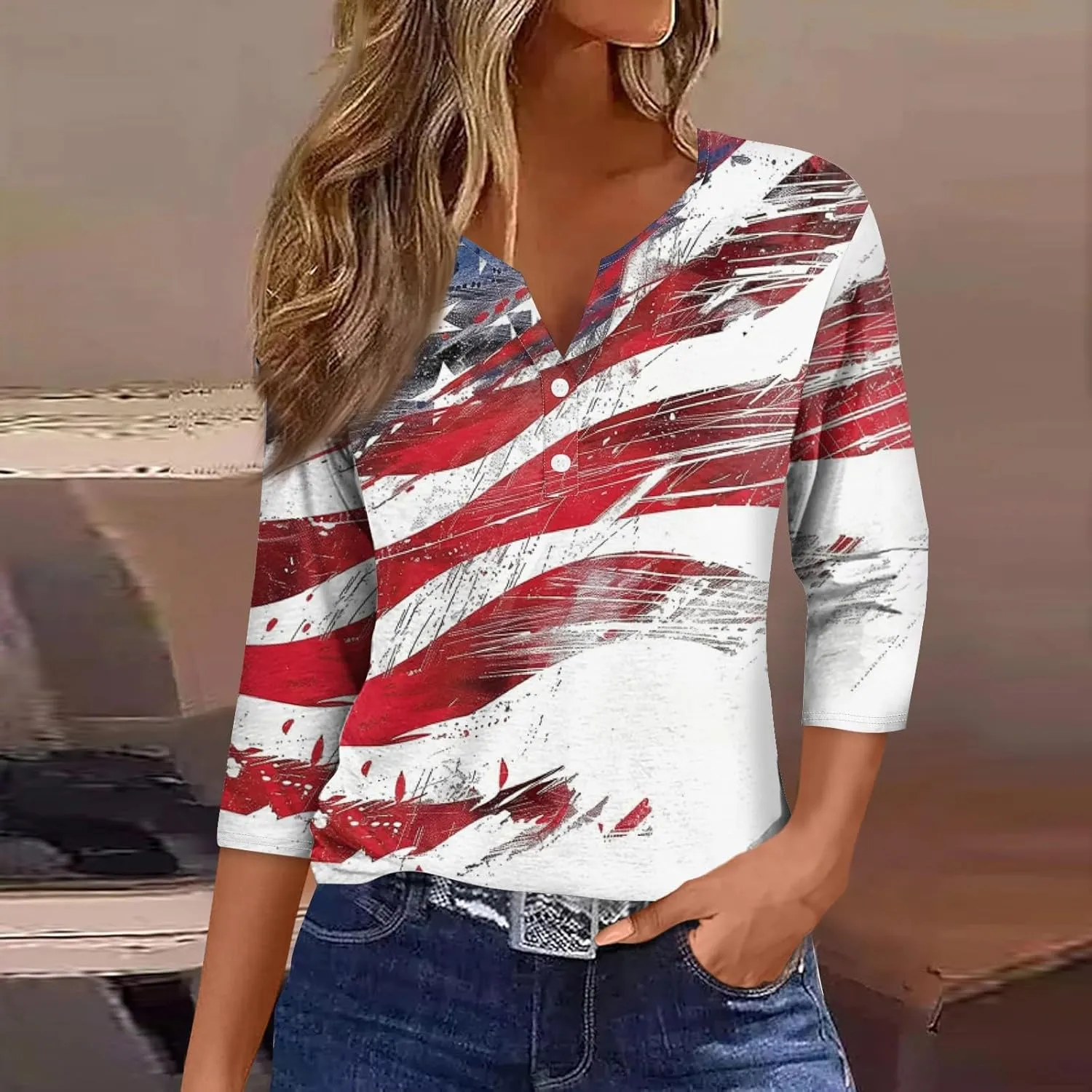 4th of July Tops for Women 2025 Patriotic Sparkly Star Summer 3/4 Sleeve Tshirts Flag Graphic Print V Neck Casual Blouses