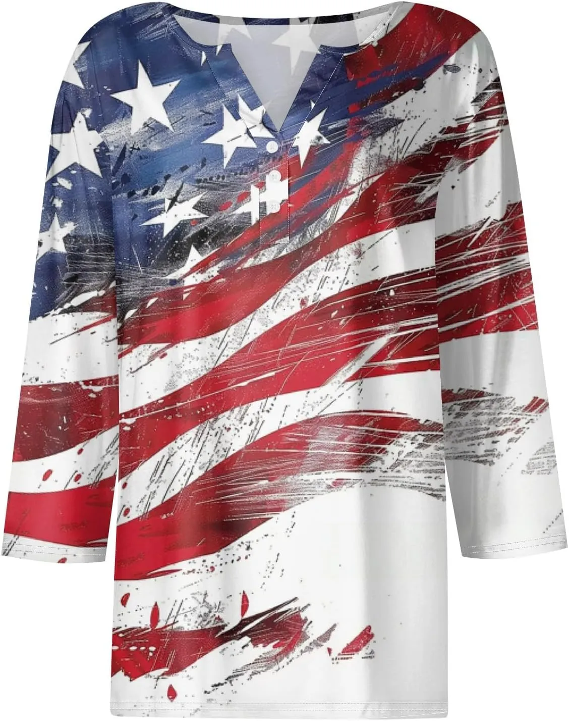 4th of July Tops for Women 2025 Patriotic Sparkly Star Summer 3/4 Sleeve Tshirts Flag Graphic Print V Neck Casual Blouses