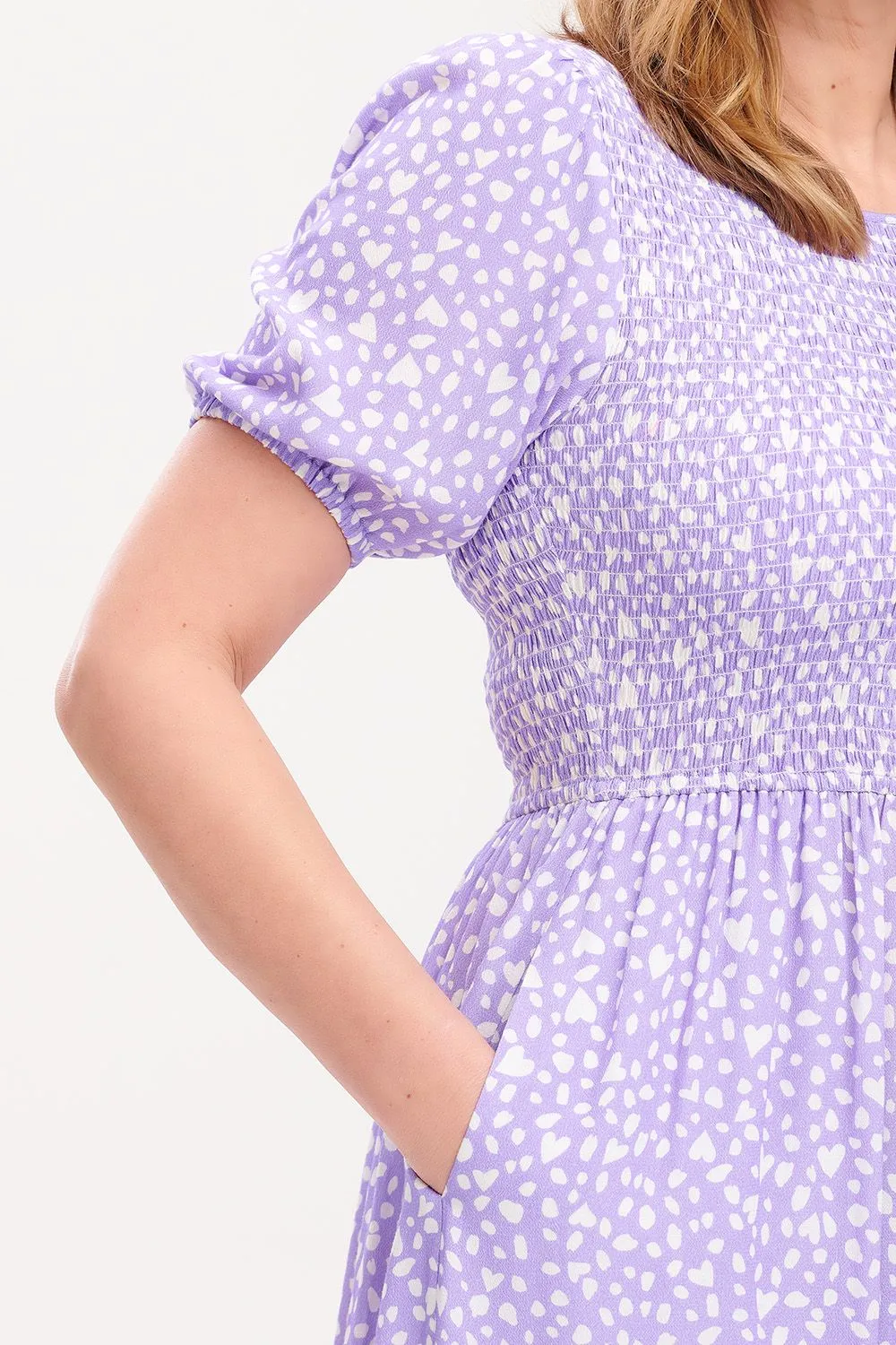 Arabella Midi Shirred Dress - Animal Pastel Love Heart (Lilac)