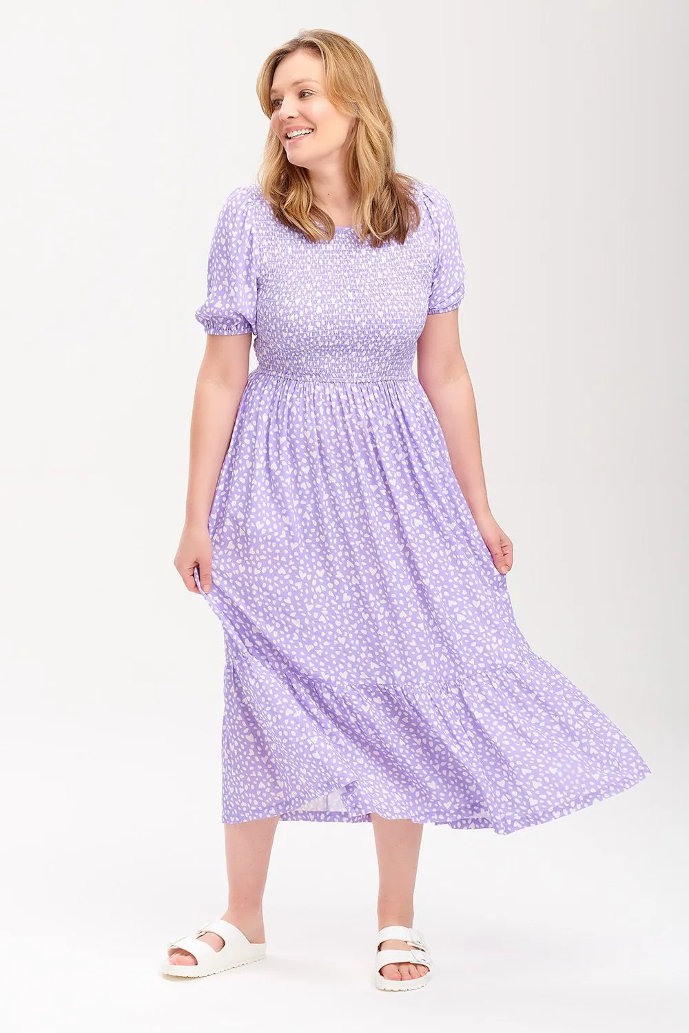 Arabella Midi Shirred Dress - Animal Pastel Love Heart (Lilac)