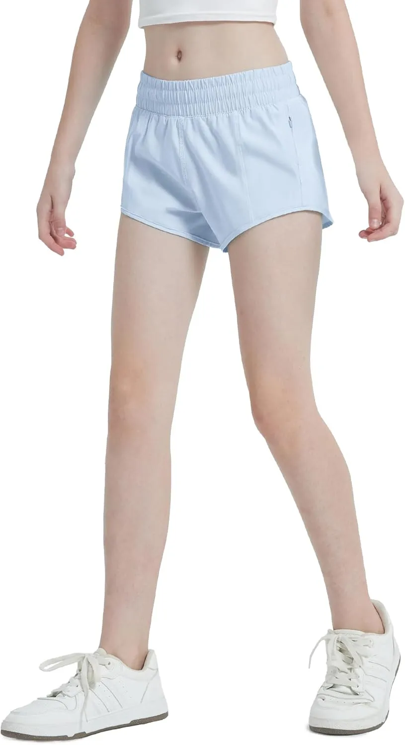 Aurefin Girls Lightweight Athletic Shorts, Quick Dry Running Shorts with Zip Pocket, Workout Sports Short for Teen Kids