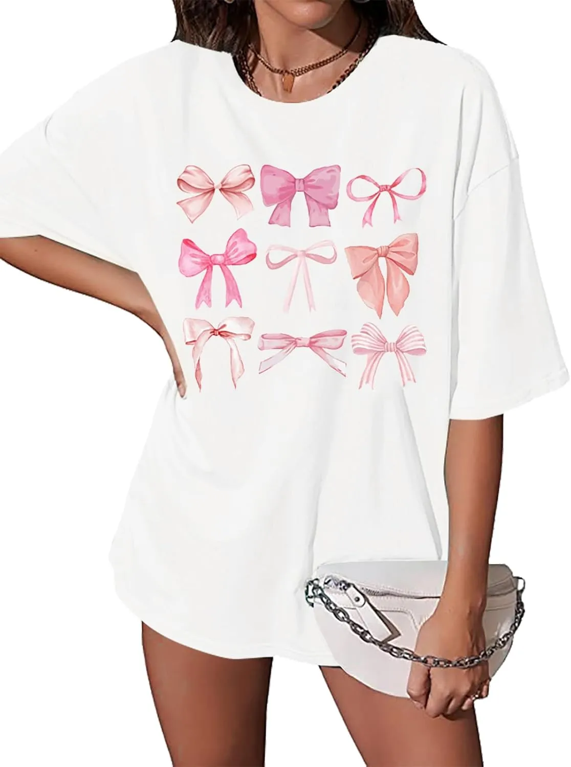 FAYALEQ Womens Bow Shirt Coquette Aesthetic Shirt Trendy Pink Bow Girly Tee Watercolor Pastel Bow Oversized Tops