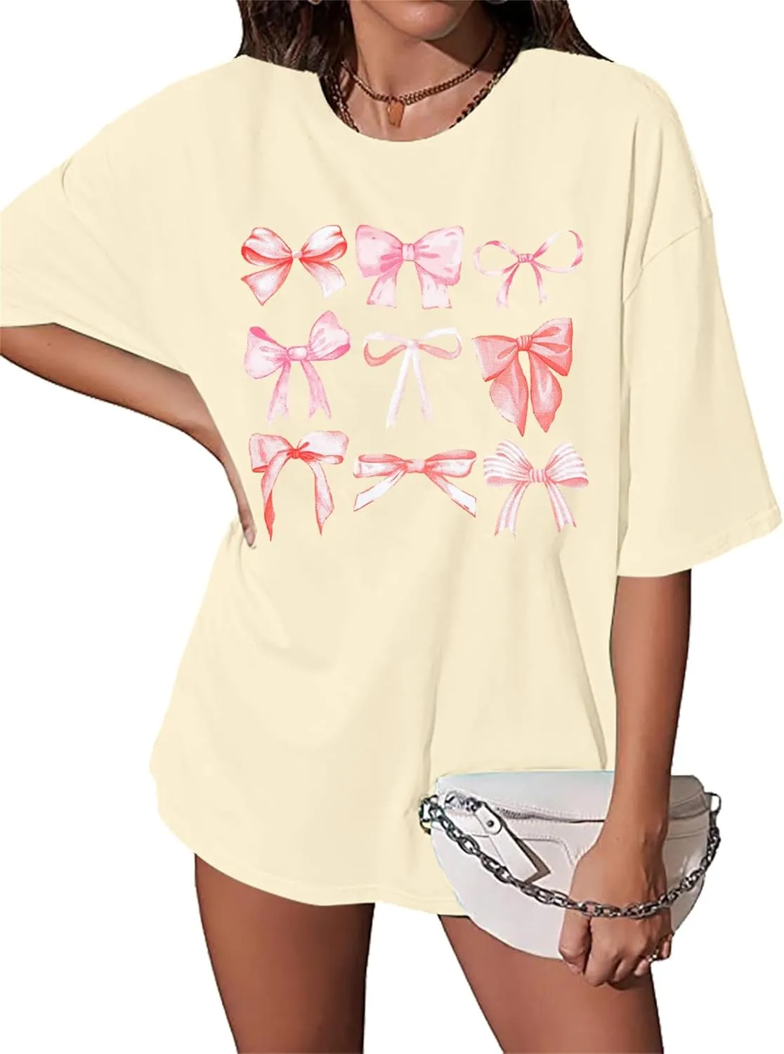 FAYALEQ Womens Bow Shirt Coquette Aesthetic Shirt Trendy Pink Bow Girly Tee Watercolor Pastel Bow Oversized Tops