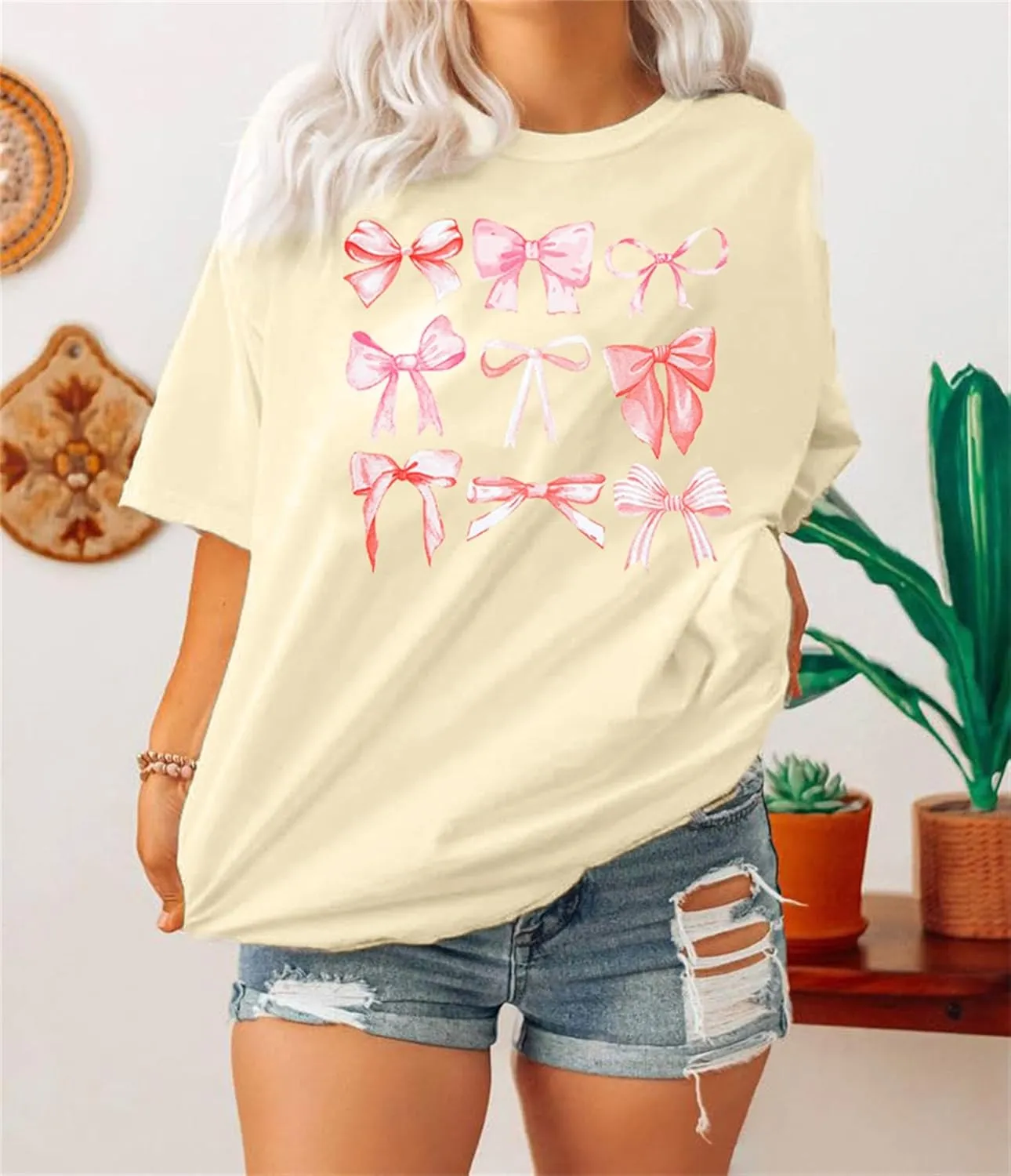FAYALEQ Womens Bow Shirt Coquette Aesthetic Shirt Trendy Pink Bow Girly Tee Watercolor Pastel Bow Oversized Tops