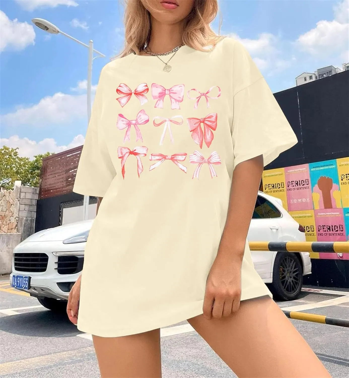 FAYALEQ Womens Bow Shirt Coquette Aesthetic Shirt Trendy Pink Bow Girly Tee Watercolor Pastel Bow Oversized Tops