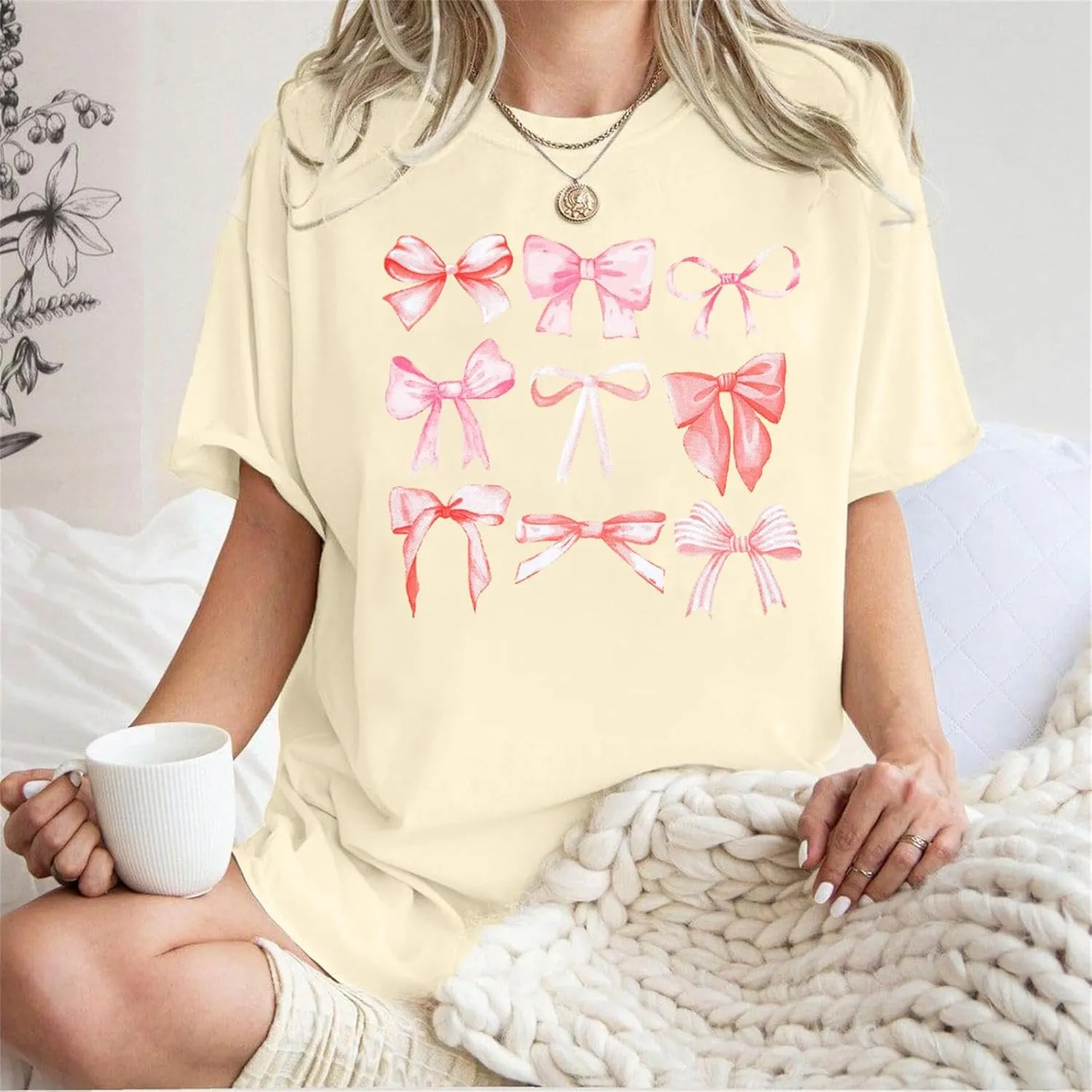 FAYALEQ Womens Bow Shirt Coquette Aesthetic Shirt Trendy Pink Bow Girly Tee Watercolor Pastel Bow Oversized Tops