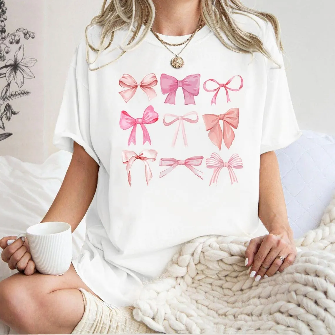 FAYALEQ Womens Bow Shirt Coquette Aesthetic Shirt Trendy Pink Bow Girly Tee Watercolor Pastel Bow Oversized Tops