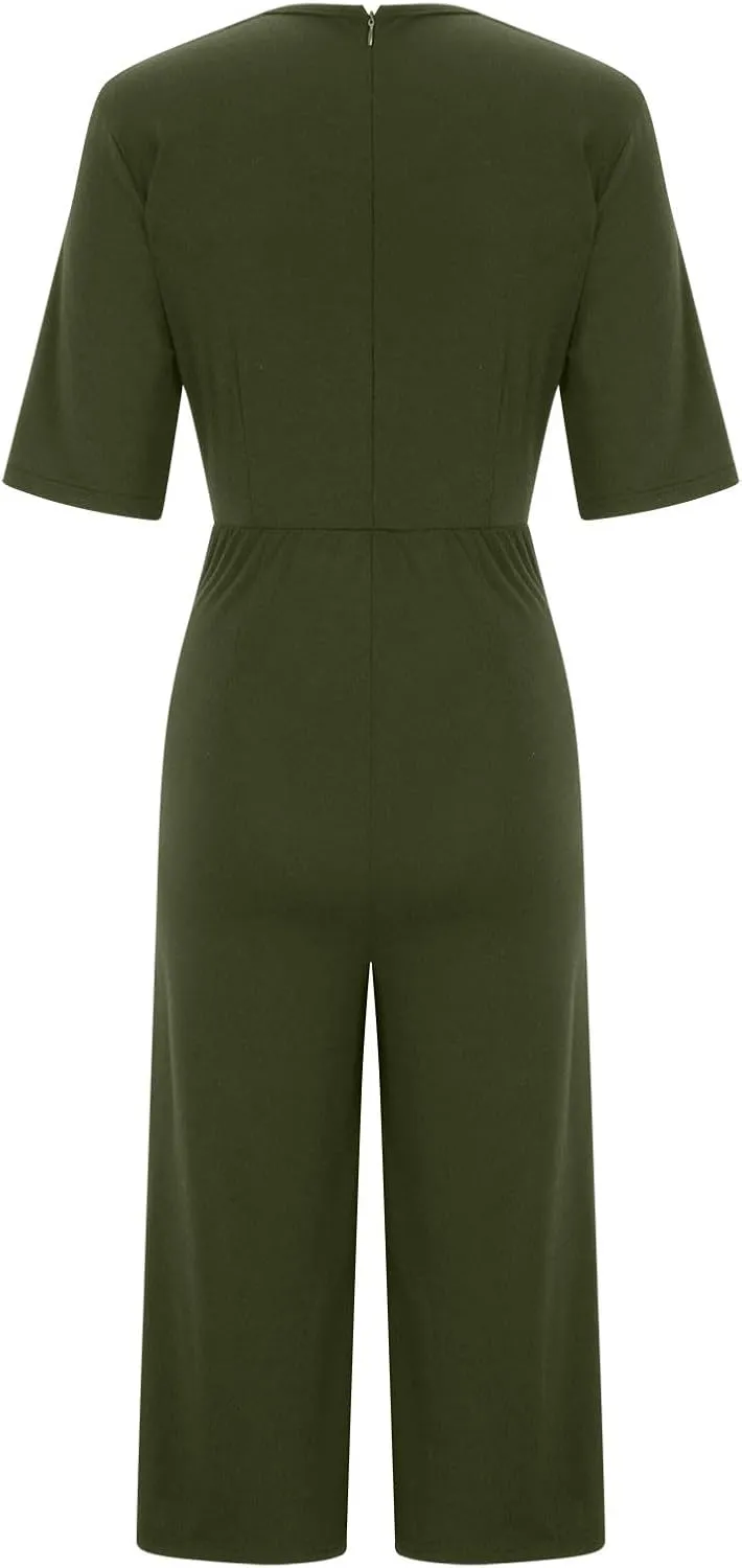 HGps8w Wide Leg Jumpsuits for Women Dressy Casual Half Sleeve V Neck Romper with Pockets Loose One Piece Outfits