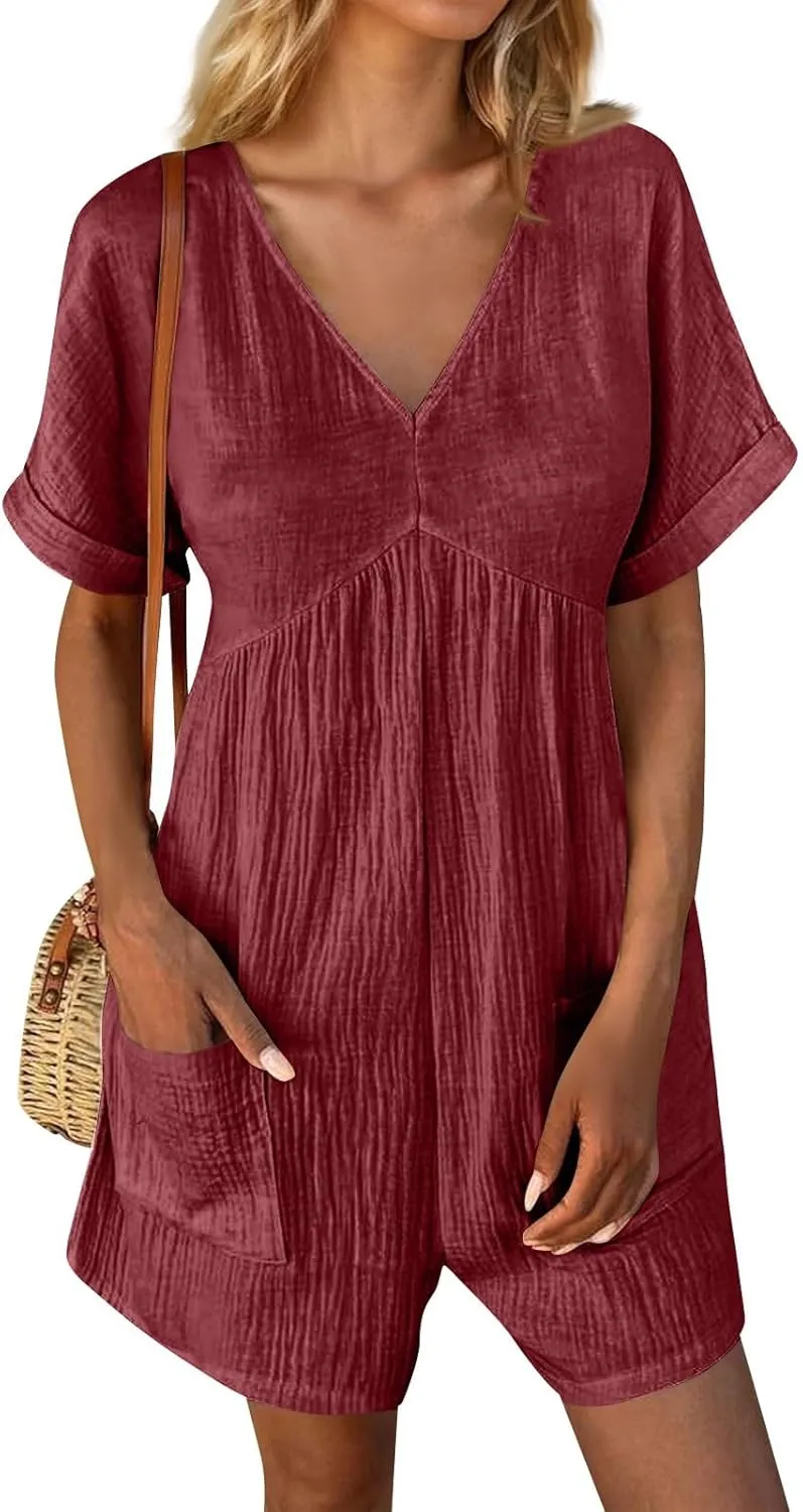 HGps8w Womens Cotton Linen Rompers Loose V Neck Short Sleeve Jumpsuit Casual Summer Overall Shorts Beach Outfits with Pockets