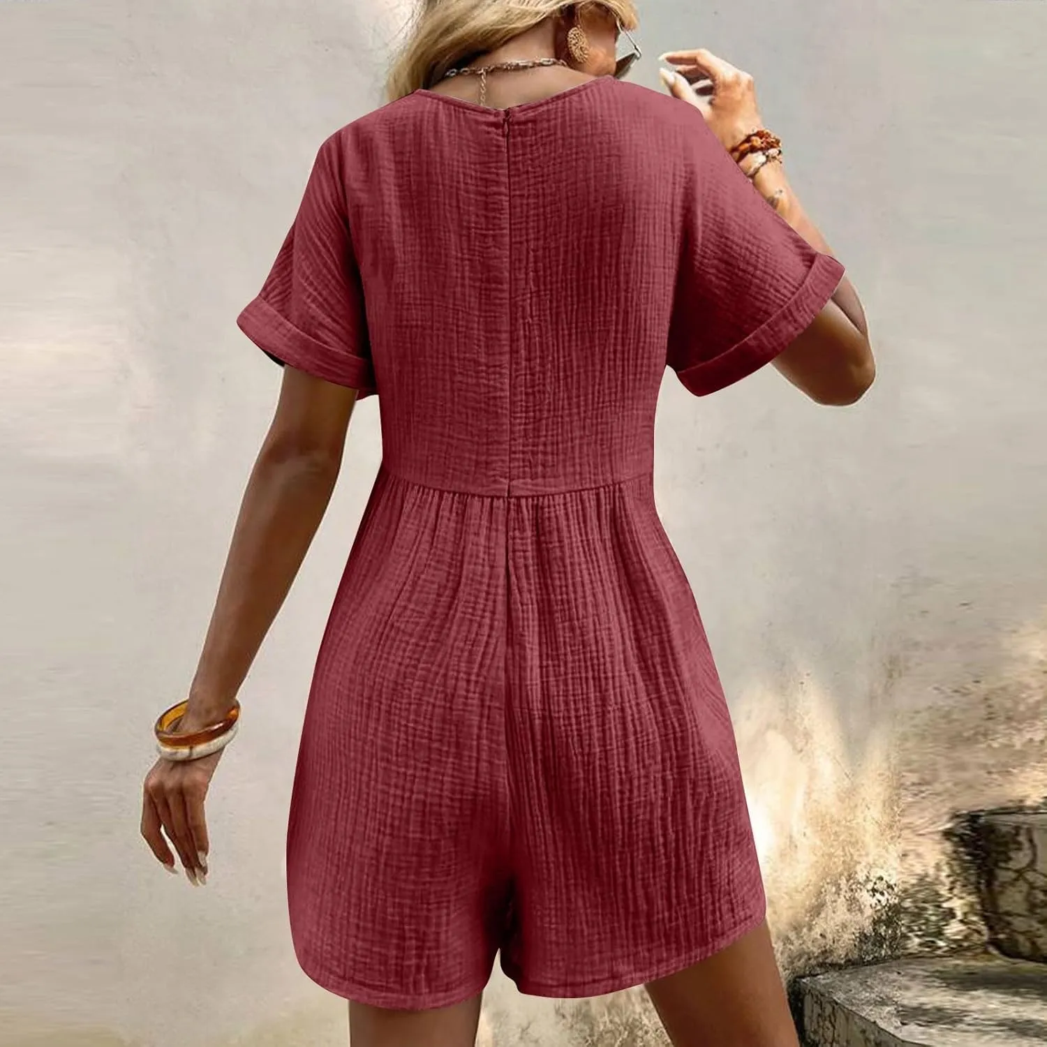 HGps8w Womens Cotton Linen Rompers Loose V Neck Short Sleeve Jumpsuit Casual Summer Overall Shorts Beach Outfits with Pockets