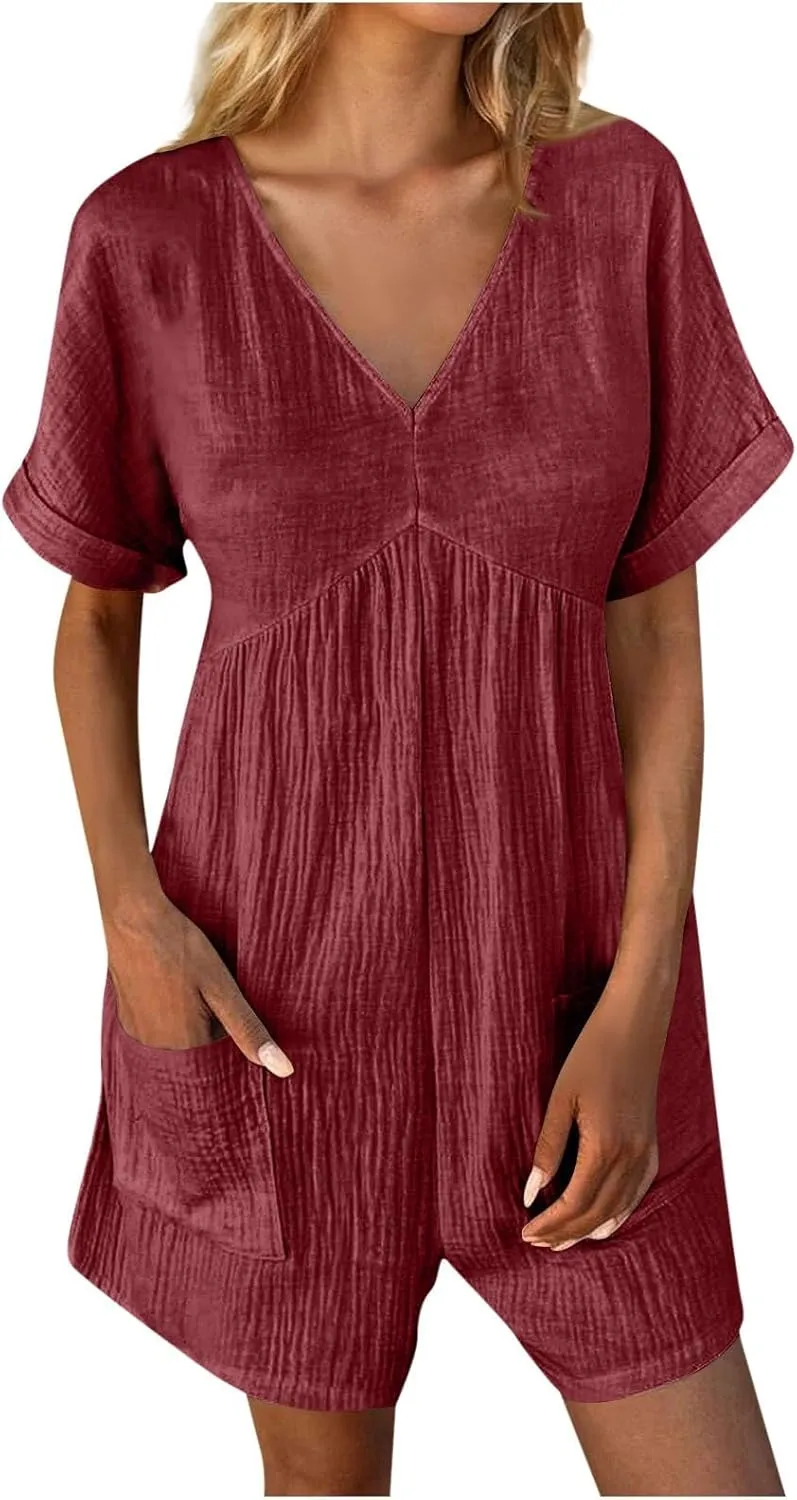 HGps8w Womens Cotton Linen Rompers Loose V Neck Short Sleeve Jumpsuit Casual Summer Overall Shorts Beach Outfits with Pockets