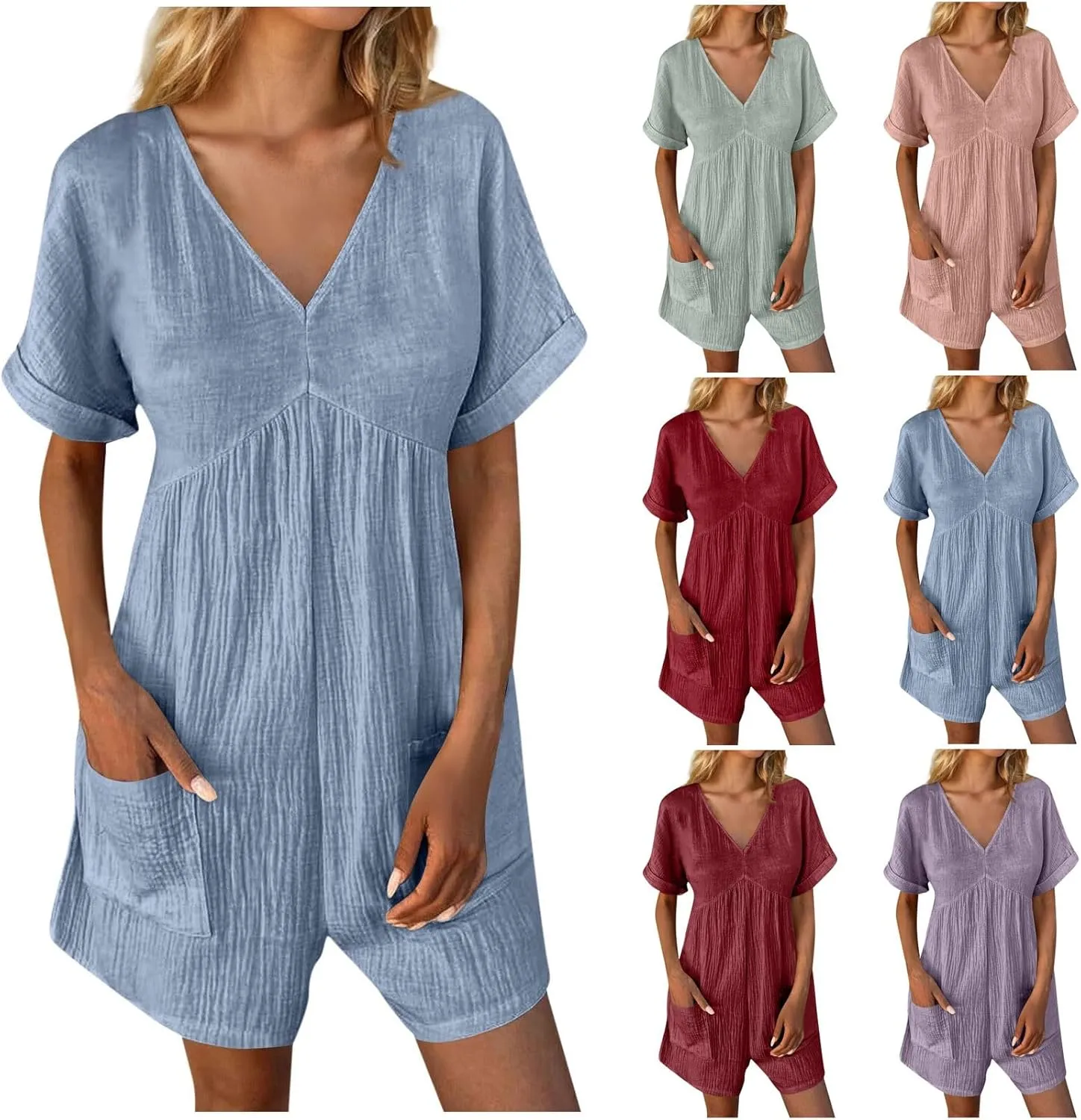 HGps8w Womens Cotton Linen Rompers Loose V Neck Short Sleeve Jumpsuit Casual Summer Overall Shorts Beach Outfits with Pockets