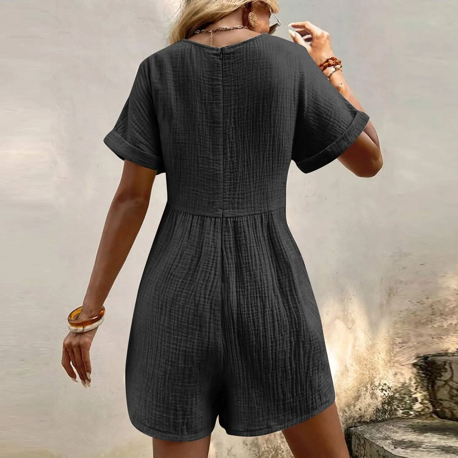 HGps8w Womens Cotton Linen Rompers Summer Short Sleeve V Neck Jumpsuit Casual Loose Overall Shorts Beach Outfits with Pockets