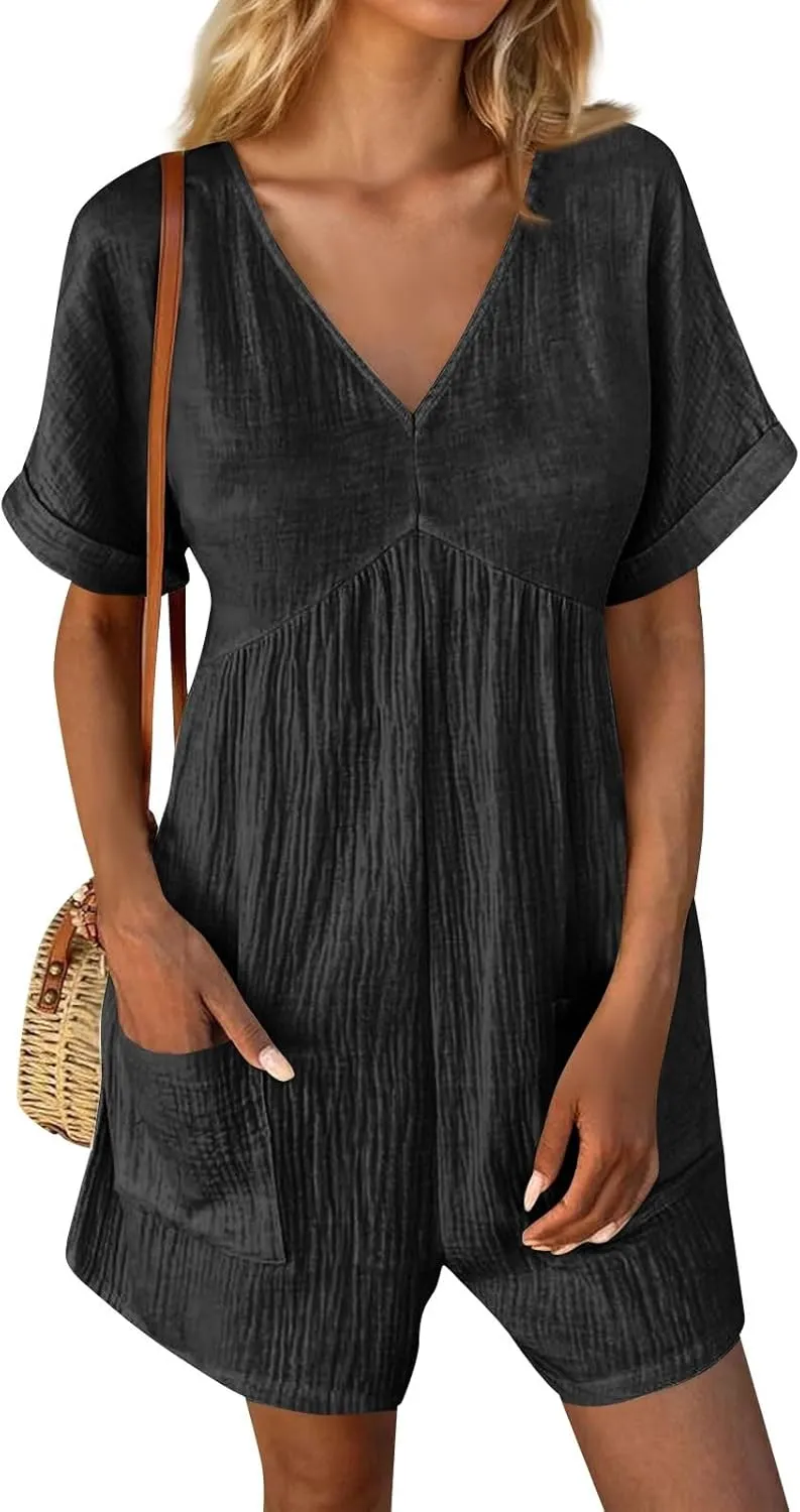 HGps8w Womens Cotton Linen Rompers Summer Short Sleeve V Neck Jumpsuit Casual Loose Overall Shorts Beach Outfits with Pockets