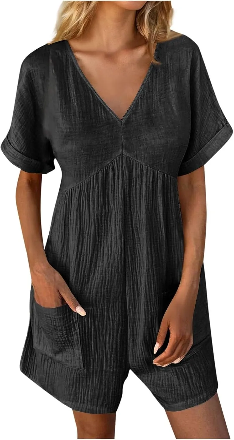 HGps8w Womens Cotton Linen Rompers Summer Short Sleeve V Neck Jumpsuit Casual Loose Overall Shorts Beach Outfits with Pockets
