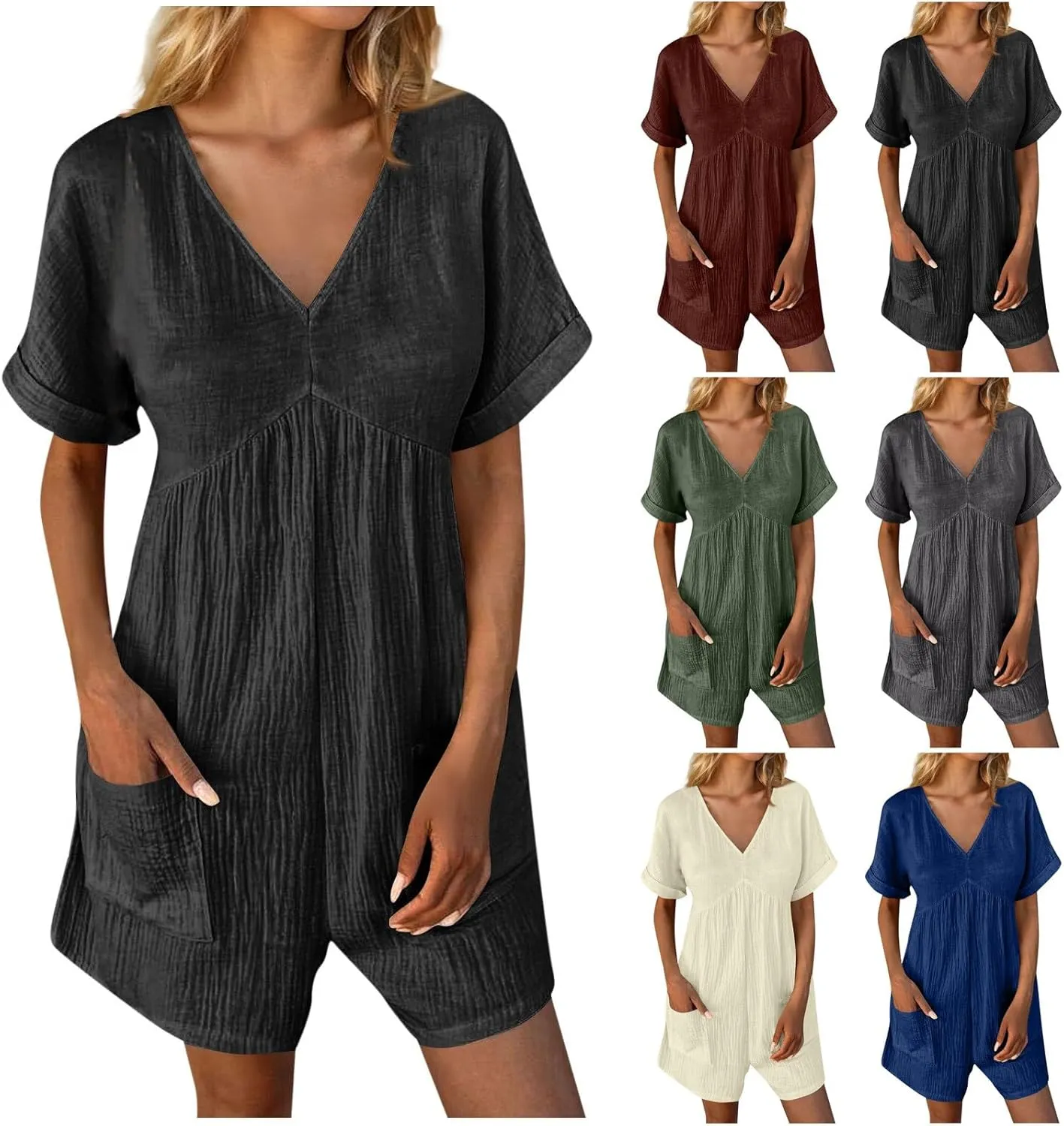 HGps8w Womens Cotton Linen Rompers Summer Short Sleeve V Neck Jumpsuit Casual Loose Overall Shorts Beach Outfits with Pockets