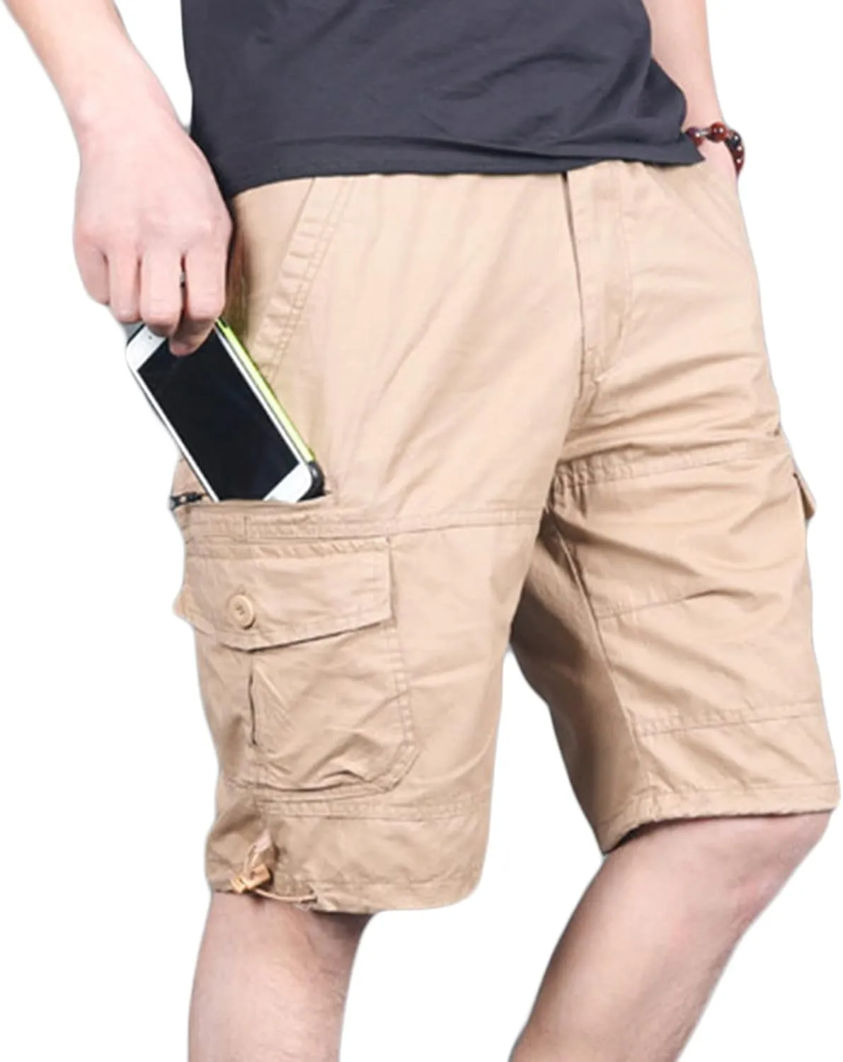 JEsilunmaMY Men's Elastic Waist Casual Cargo Shorts Multi-Pockets Summer Beach Shorts Relaxed Fit Working Cotton Shorts
