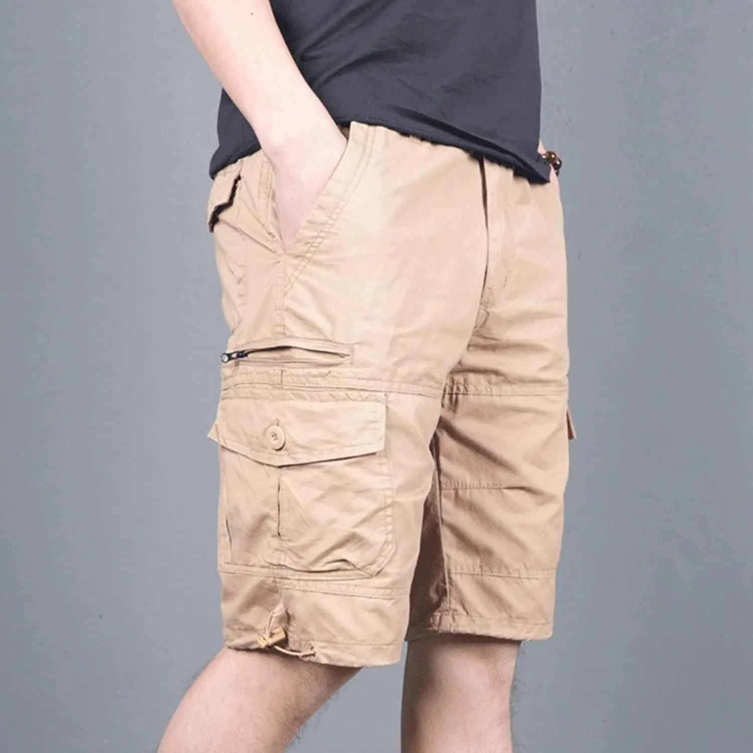 JEsilunmaMY Men's Elastic Waist Casual Cargo Shorts Multi-Pockets Summer Beach Shorts Relaxed Fit Working Cotton Shorts