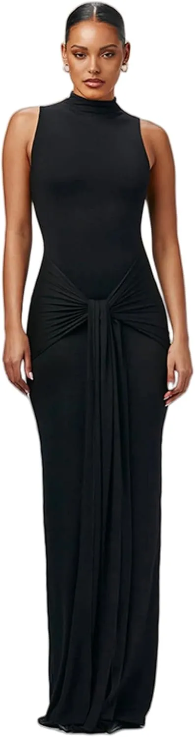 JUMISEE Women's Sexy High Neck Long Sleeve Maxi Dress Elegant Tie Waist Bodycon Long Dress Cocktail Party Dress