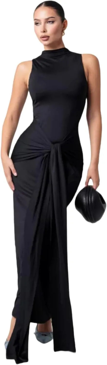 JUMISEE Women's Sexy High Neck Long Sleeve Maxi Dress Elegant Tie Waist Bodycon Long Dress Cocktail Party Dress