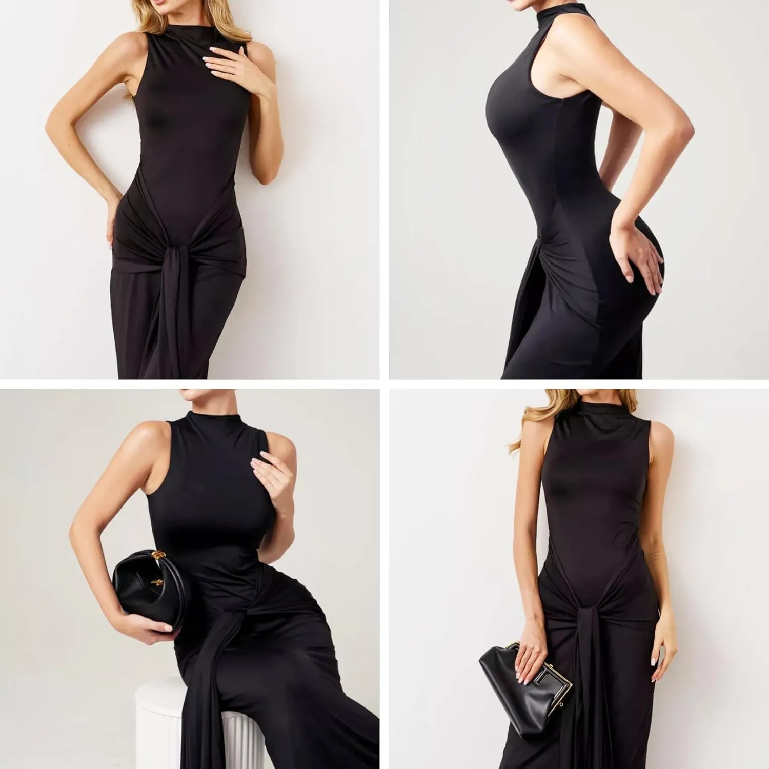 JUMISEE Women's Sexy High Neck Long Sleeve Maxi Dress Elegant Tie Waist Bodycon Long Dress Cocktail Party Dress