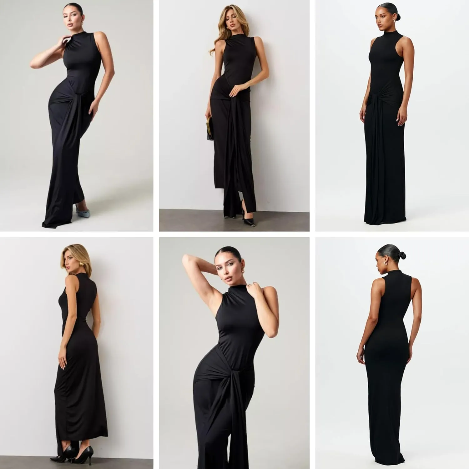 JUMISEE Women's Sexy High Neck Long Sleeve Maxi Dress Elegant Tie Waist Bodycon Long Dress Cocktail Party Dress