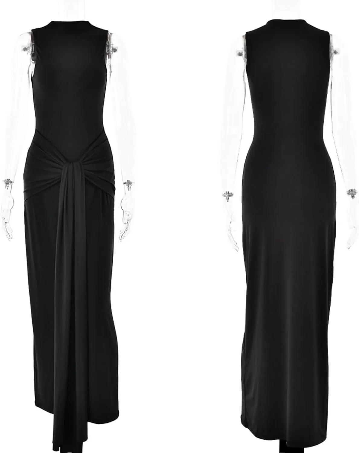 JUMISEE Women's Sexy High Neck Long Sleeve Maxi Dress Elegant Tie Waist Bodycon Long Dress Cocktail Party Dress
