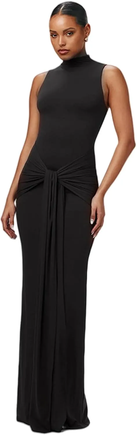 JUMISEE Women's Sexy High Neck Long Sleeve Maxi Dress Elegant Tie Waist Bodycon Long Dress Cocktail Party Dress
