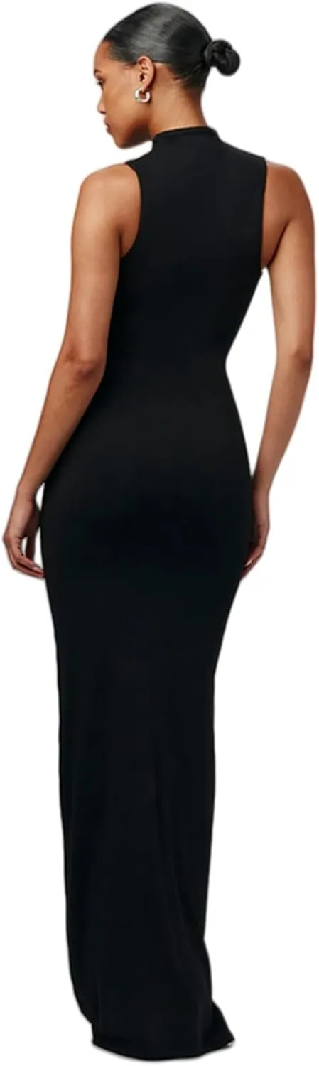 JUMISEE Women's Sexy High Neck Long Sleeve Maxi Dress Elegant Tie Waist Bodycon Long Dress Cocktail Party Dress