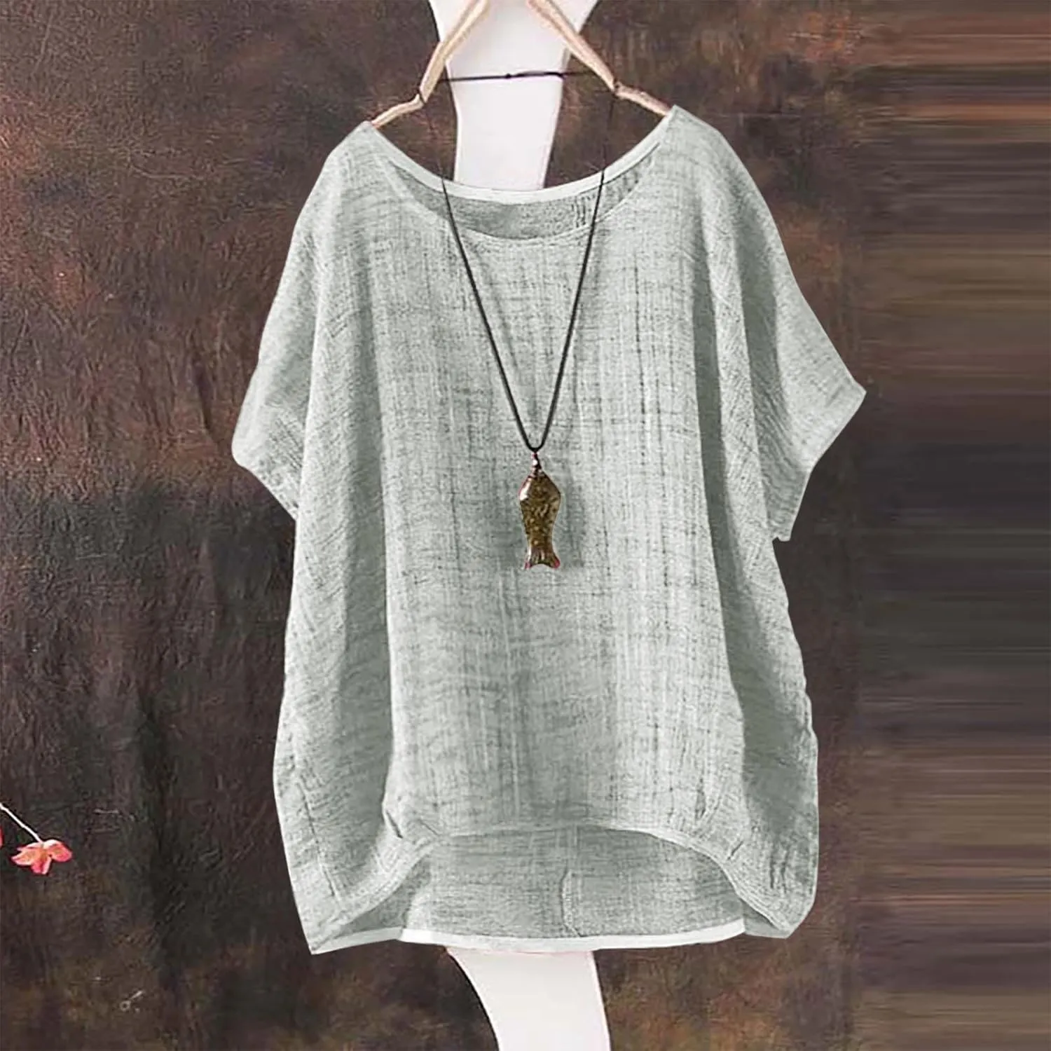 Linen Shirts for Women Summer 2024 Trendy Plus Size Crewneck Short Sleeve Cute Tops Casual Loose Fit Comfy Blouses