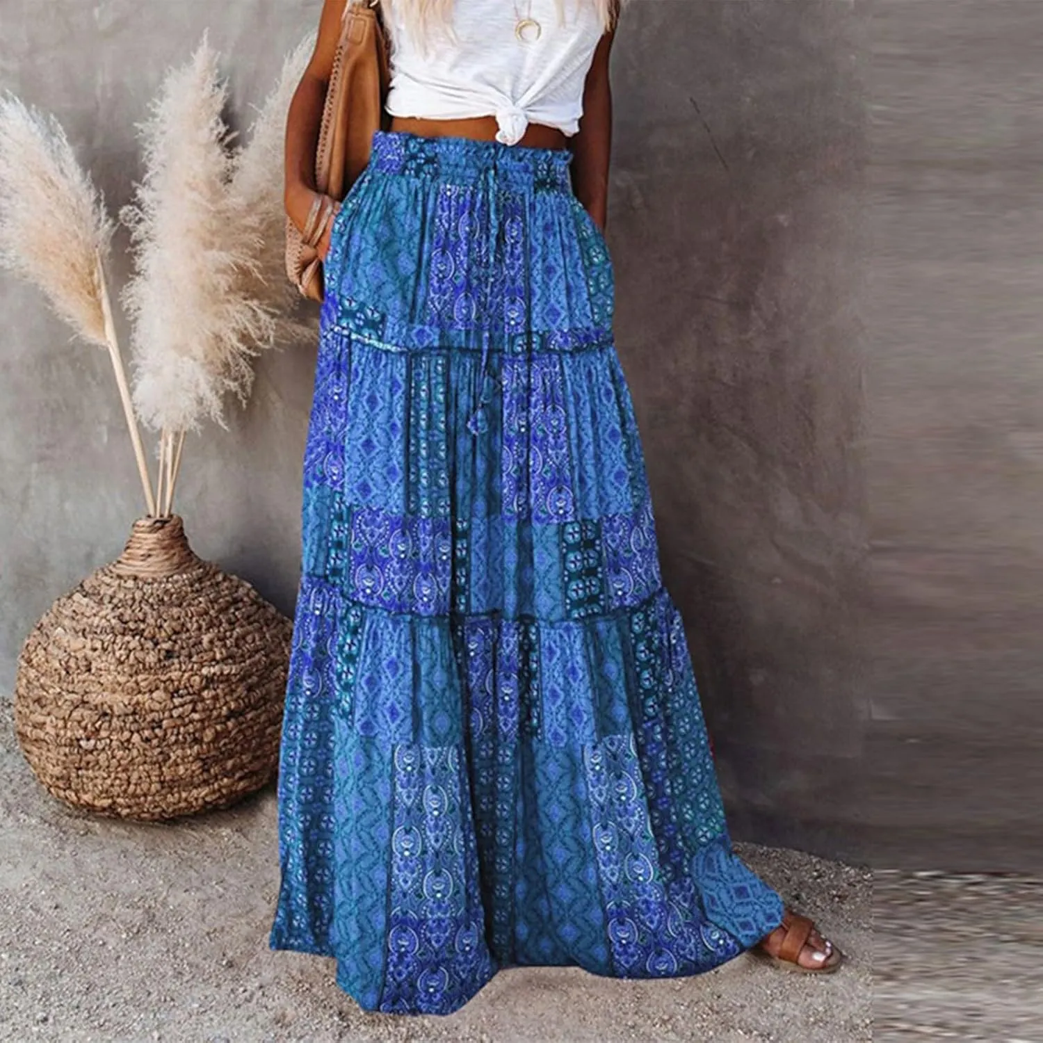Long Skirts for Women Summer A-Line Flowy Swing Maxi Ruffle Tiered Skirt Beach Vacation Clothes
