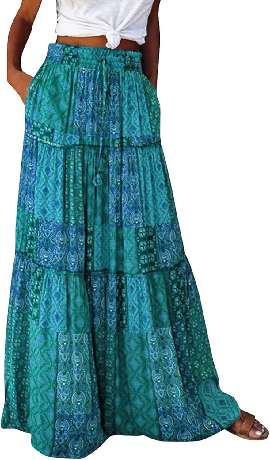 Long Skirts for Women Summer A-Line Flowy Swing Maxi Ruffle Tiered Skirt Beach Vacation Clothes
