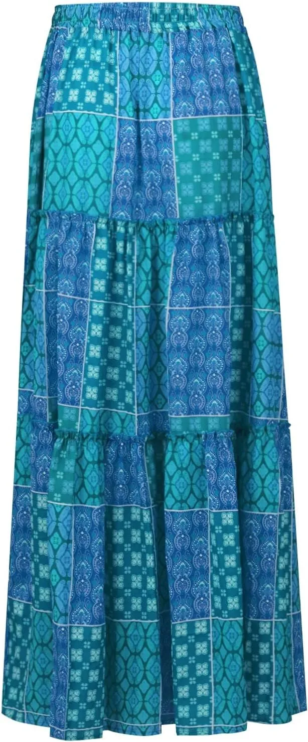 Long Skirts for Women Summer A-Line Flowy Swing Maxi Ruffle Tiered Skirt Beach Vacation Clothes