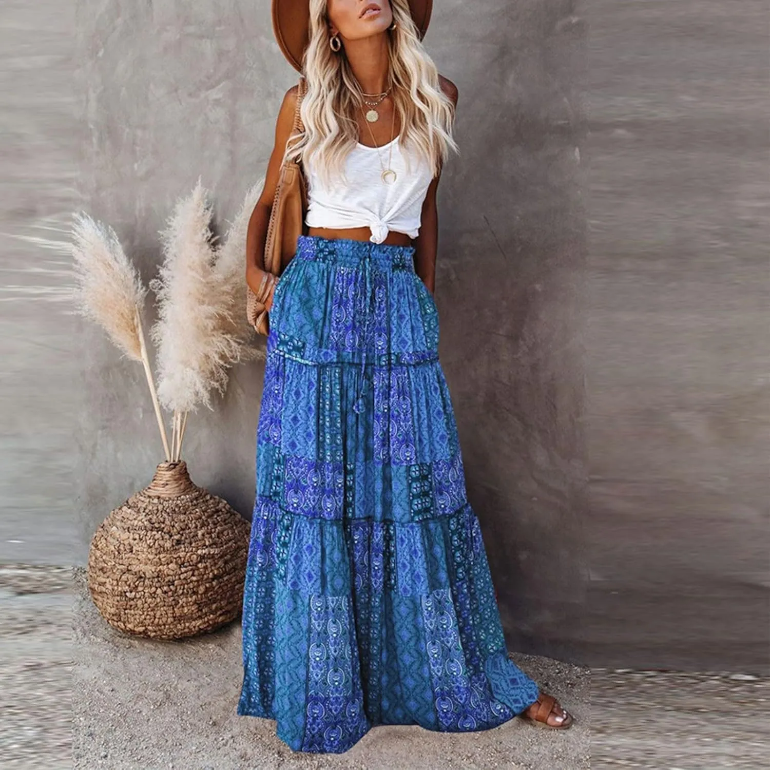 Long Skirts for Women Summer A-Line Flowy Swing Maxi Ruffle Tiered Skirt Beach Vacation Clothes