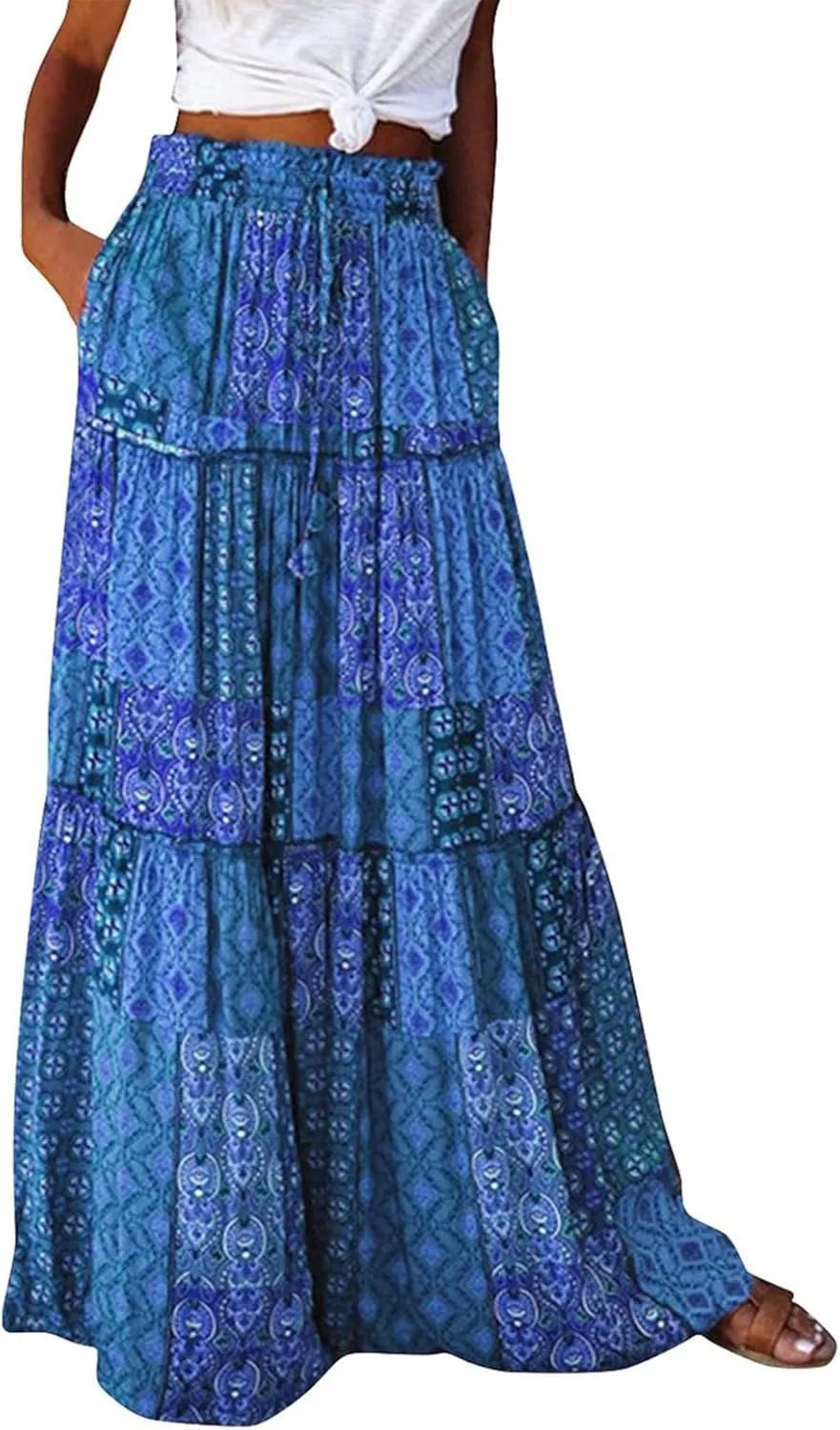 Long Skirts for Women Summer A-Line Flowy Swing Maxi Ruffle Tiered Skirt Beach Vacation Clothes