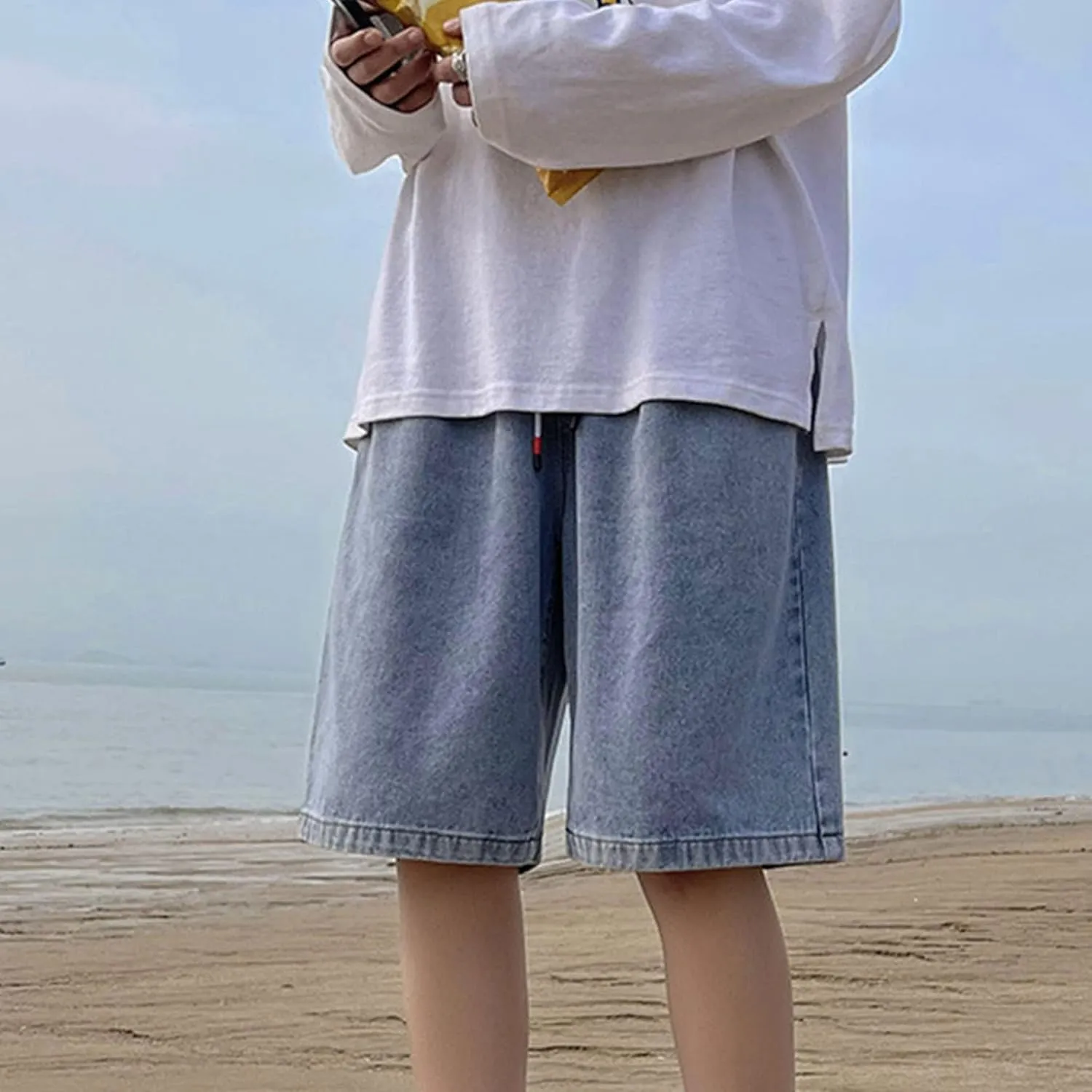 Maiyifu-GJ Men's Drawstring Loose Fit Jean Shorts Casual Elastic Waist Denim Shorts Straight Leg Relaxed Shorts