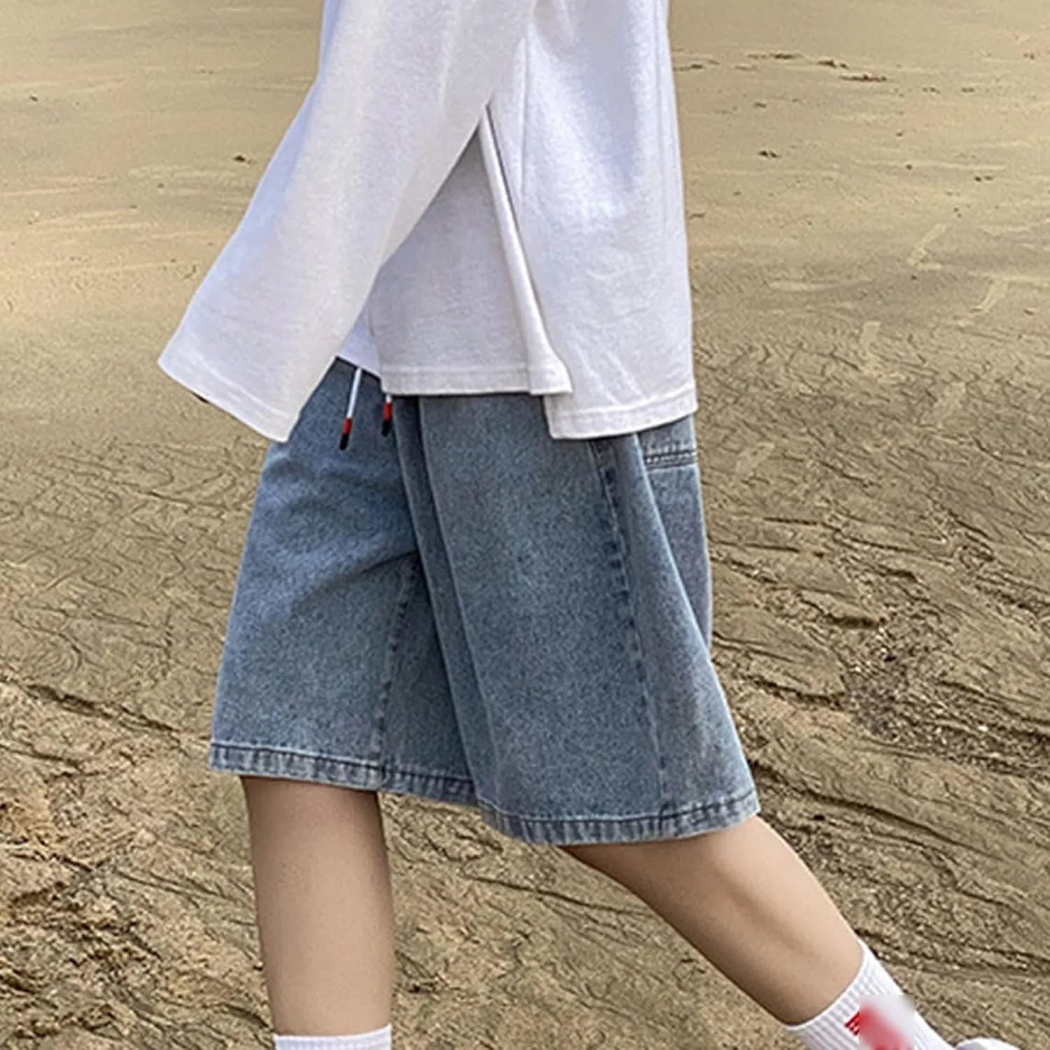 Maiyifu-GJ Men's Drawstring Loose Fit Jean Shorts Casual Elastic Waist Denim Shorts Straight Leg Relaxed Shorts
