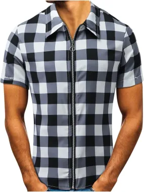Mens Plaid Shirt Short Sleeve Summer Full Zip Up V Neck Beach Shirts Classic Slim Fit Cardigan Casual Trendy T Shirt