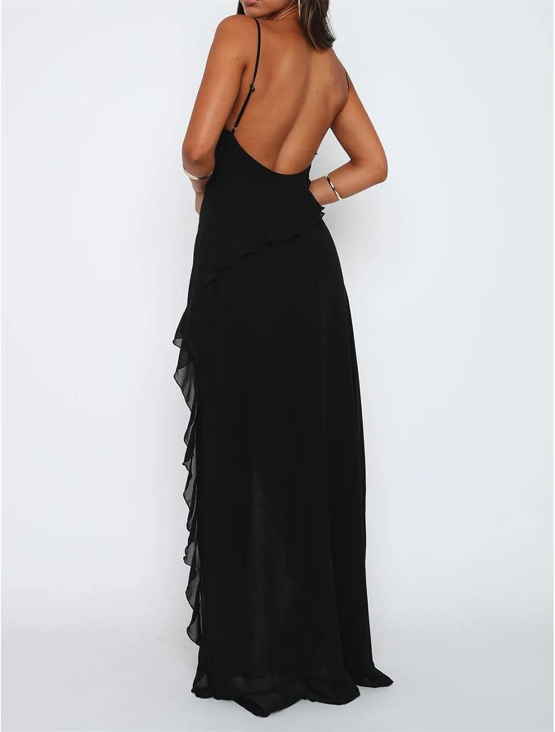 Miqil Women's Sexy Backless Peplum Ruffle Long Dress Y2k Bodycon Spaghetti Strap Asymmetrical Dress Elegant Evening Dress