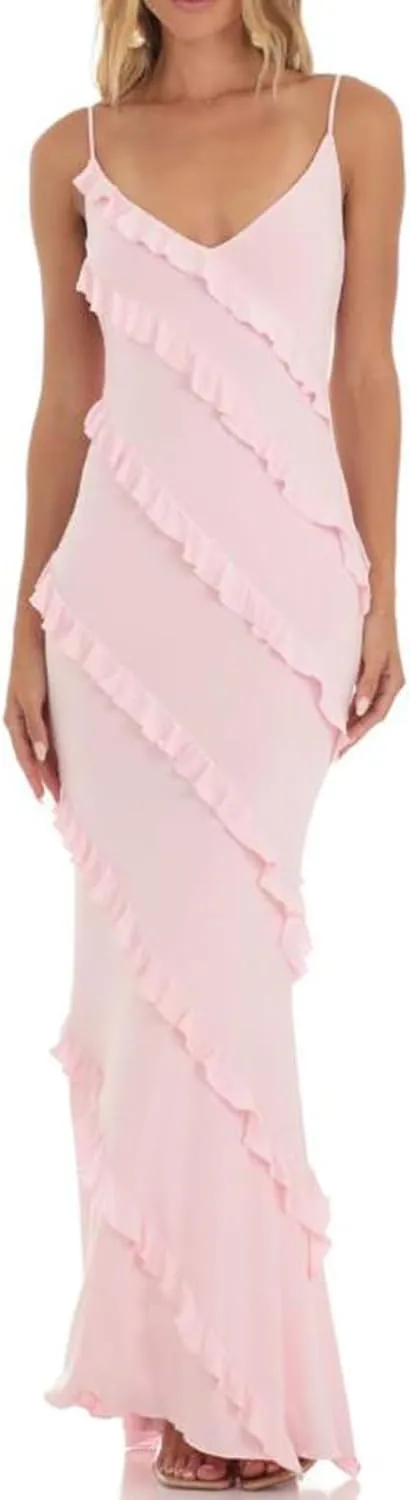 Miqil Women's Sexy Backless Peplum Ruffle Long Dress Y2k Bodycon Spaghetti Strap Asymmetrical Dress Elegant Evening Dress