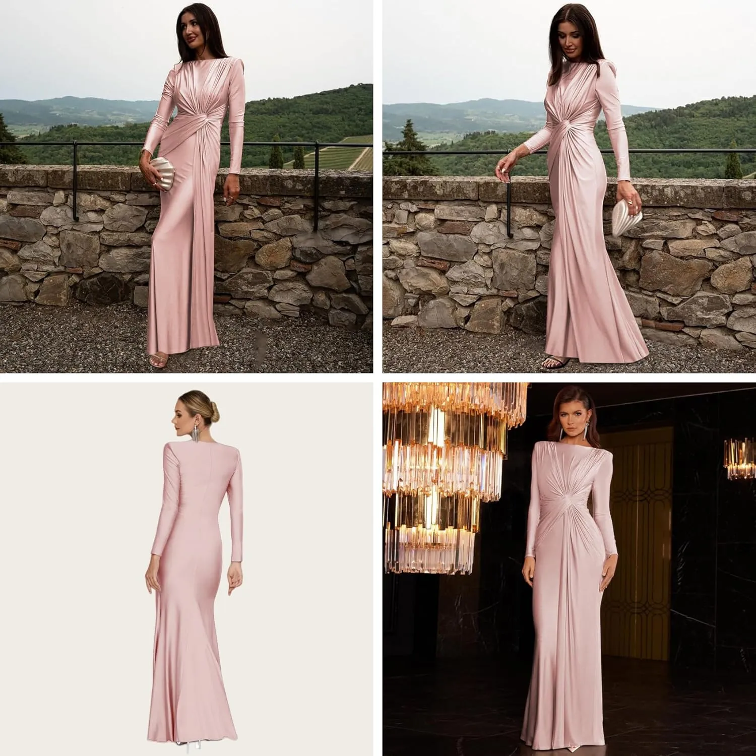 RARITYUS Women's Elegant Knot Ruched Long Sleeve Maxi Dress Shoulder Pads Long Formal Dress Cocktail Evening Party Dress