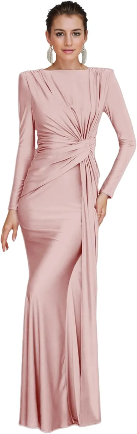 RARITYUS Women's Elegant Knot Ruched Long Sleeve Maxi Dress Shoulder Pads Long Formal Dress Cocktail Evening Party Dress