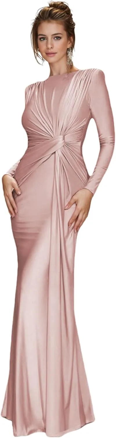 RARITYUS Women's Elegant Knot Ruched Long Sleeve Maxi Dress Shoulder Pads Long Formal Dress Cocktail Evening Party Dress