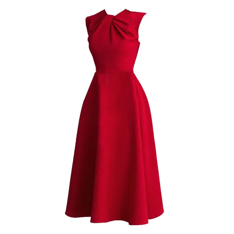 Retro vintage cocktail gold red wedding guest bridesmaid twist neckline midi dress - Gadi