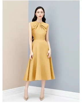 Retro vintage cocktail gold red wedding guest bridesmaid twist neckline midi dress - Gadi